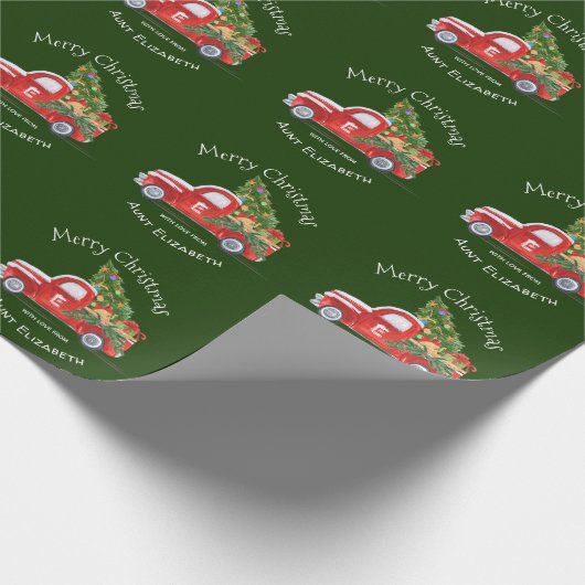 モノグラム名素朴レッドトラックグリーンクリスマス ラッピングペーパー (角)
