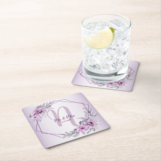 モノグラム名結婚のピンクフローラ紫 スクエアペーパーコースター (インサイチュ)