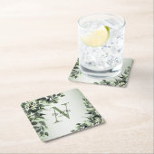 モノグラム名結婚の緑のフローラ葉 スクエアペーパーコースター (インサイチュ)