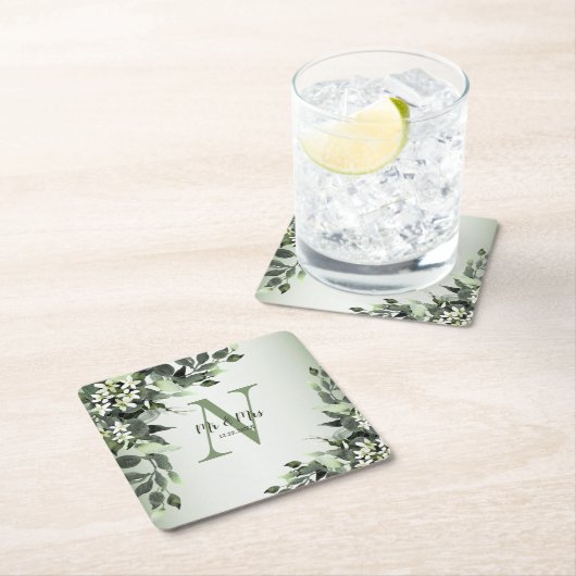 モノグラム名結婚の緑のフローラ葉 スクエアペーパーコースター (インサイチュ)
