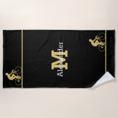 モノグラム名自転車金ゴールド黒風呂/ ビーチタオル (正面)