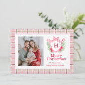 モノグラム名門私立校風のウォーターカラークリスマスリースホリー シーズンカード (スタンド正面)