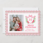 モノグラム名門私立校風のウォーターカラークリスマスリースホリー シーズンカード (正面)