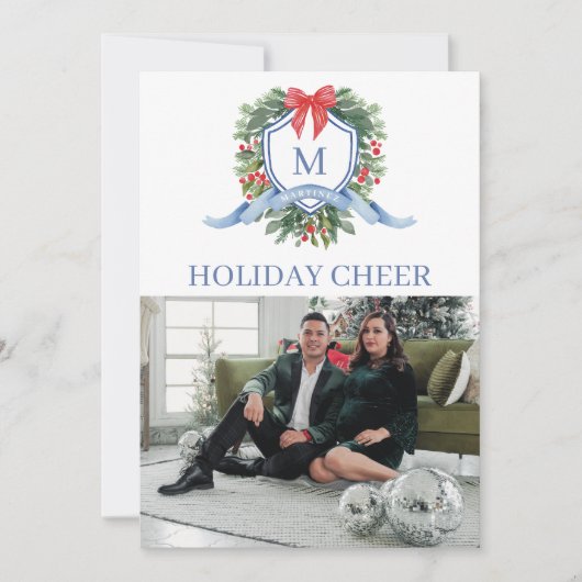 モノグラム名門私立校風のクレストホリデーフォトカード シーズンカード (正面)