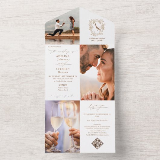 モノグラム名門私立校風のクレスト3写真QRコードシック結婚ズ オールインワン招待状 (内側)