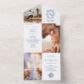 モノグラム名門私立校風のクレスト3写真QRコードブルー結婚ズ オールインワン招待状 (内側)