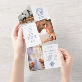 モノグラム名門私立校風のクレスト3写真QRコードブルー結婚ズ オールインワン招待状