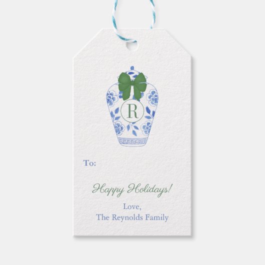 モノグラム名門私立校風のグリーンボウハッピーホリデイズ ギフトタグ (正面)