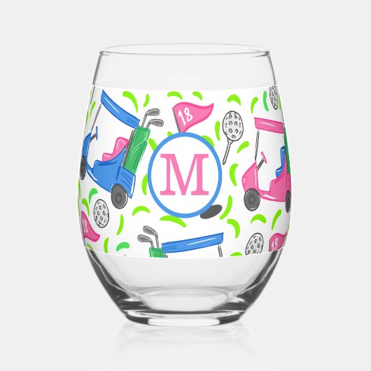 モノグラム名門私立校風のゴルフピンクブルーゴルフカートのパターン ステムなしワイングラス (裏面)