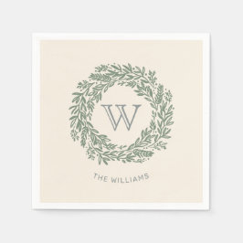 モノグラム名門私立校風のセージグリーンリース スタンダードカクテルナプキン