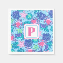 モノグラム名門私立校風のビーチシェルカニ スタンダードカクテルナプキン