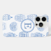 モノグラム名門私立校風のブルーと白い中国のジンジャー瓶 Case-Mate iPhoneケース (裏面 (横))