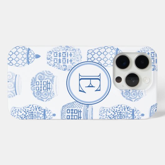 モノグラム名門私立校風のブルーと白い中国のジンジャー瓶 Case-Mate iPhoneケース (裏面 (横))