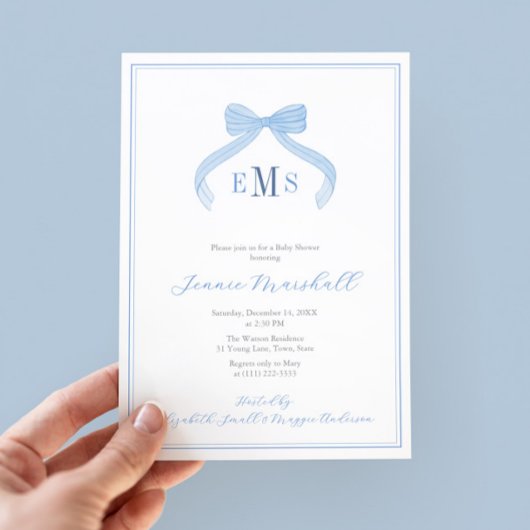 モノグラム名門私立校風のブルーボウボーイボーイベビーシャワーパーティー 招待状