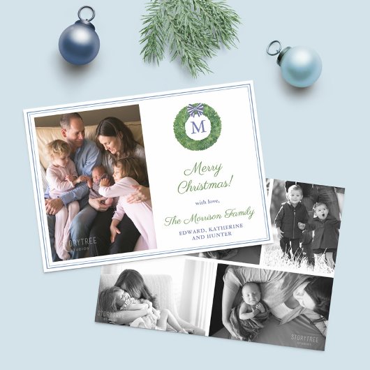 モノグラム名門私立校風のリースフォトコラージュクリスマス シーズンカード