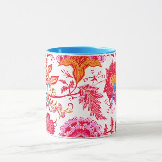 モノグラム名門私立校風のヴィンテージ花 |ピンクとオレンジ マグカップ (中央)