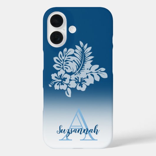 モノグラム名青グラデーションハワイアン+トロピカルハイビスカスフラワー Case-Mate iPhoneケース (裏面)