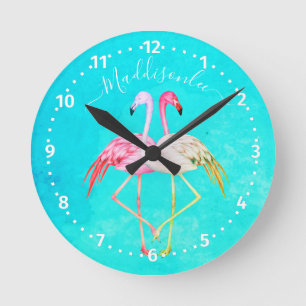 モノグラム名2 Pink Flamingos ラウンド壁時計