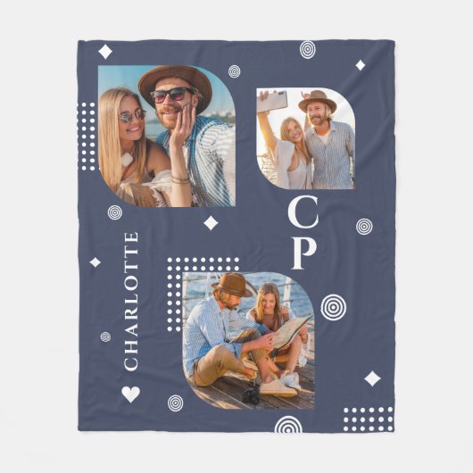 モノグラム名3フォトコラージュトレンディー フリースブランケット (正面)