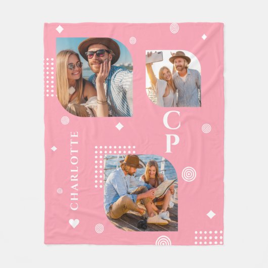 モノグラム名3フォトコラージュトレンディー モダン フリースブランケット (正面)