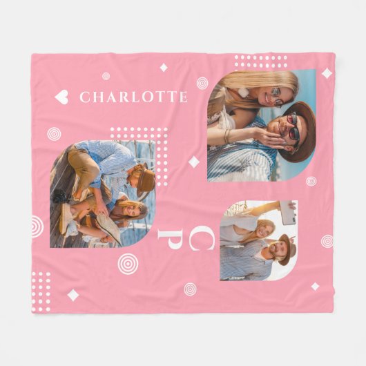 モノグラム名3フォトコラージュトレンディー モダン フリースブランケット (正面(横))