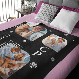 モノグラム名3フォトコラージュトレンディー モダン フリースブランケット