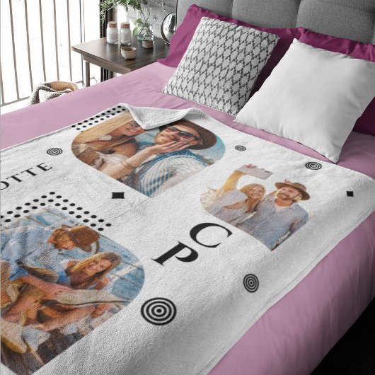 モノグラム名3フォトコラージュトレンディー モダン フリースブランケット