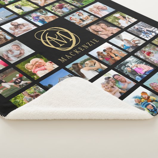 モノグラム名44フォトコラージュ編集可能ブラック金ゴールド シェルパブランケット (3/4)