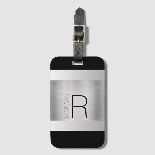 モノグラム名,ブラックグレー文字,つや消しシルバー ラゲッジタグ (正面縦)