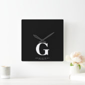 モノグラム名（黒） スクエア壁時計 (ホーム)