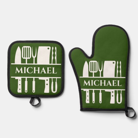 モノグラム名BBQシェフ調理師グリル 鍋つかみ&鍋敷きセット (正面)