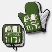 モノグラム名BBQシェフ調理師グリル 鍋つかみ&鍋敷きセット (正面/裏面)