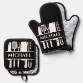 モノグラム名BBQシェフ調理師グリル 鍋つかみ&鍋敷きセット (正面/裏面)