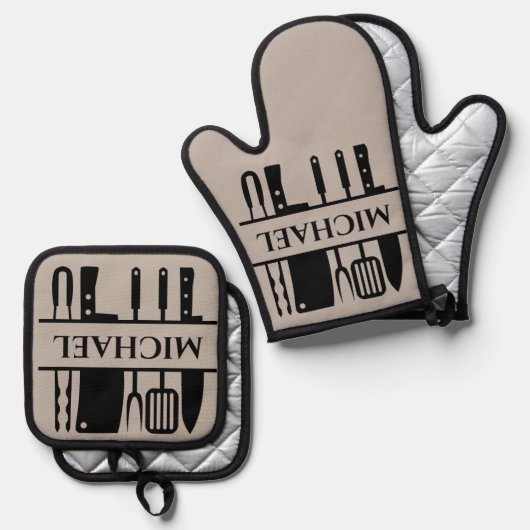 モノグラム名BBQシェフ調理師グリル 鍋つかみ&鍋敷きセット (正面/裏面)