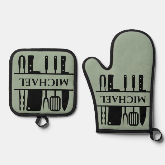 モノグラム名BBQシェフ調理師グリル 鍋つかみ&鍋敷きセット (正面)