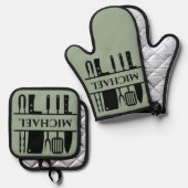 モノグラム名BBQシェフ調理師グリル 鍋つかみ&鍋敷きセット (正面/裏面)