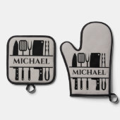 モノグラム名BBQシェフ調理師グリル 鍋つかみ&鍋敷きセット (正面)