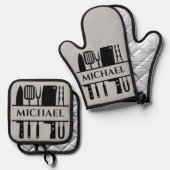 モノグラム名BBQシェフ調理師グリル 鍋つかみ&鍋敷きセット (正面/裏面)