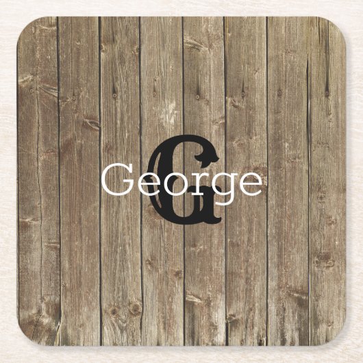 モノグラム名Brown Wood パーソナライズされた スクエアペーパーコースター (正面)