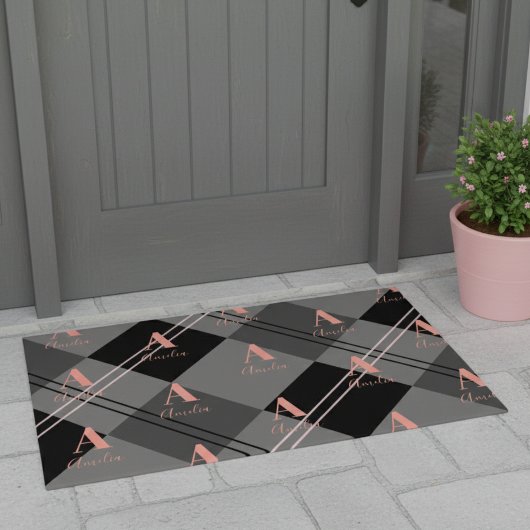 モノグラム名Plaidグレーピンク ドアマット