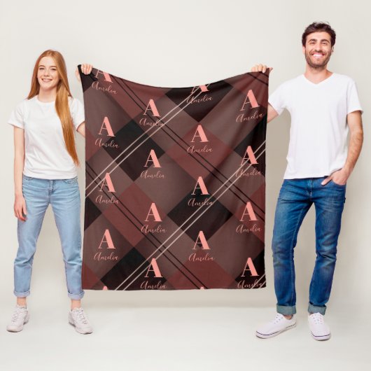 モノグラム名Plaid Burgundy Maroon フリースブランケット (インサイチュ)