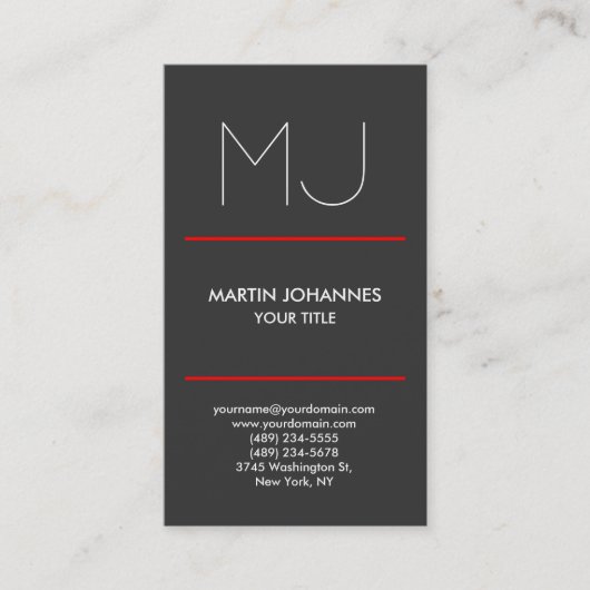 モノグラム垂直エレガント灰色の赤の名刺 名刺 (正面)