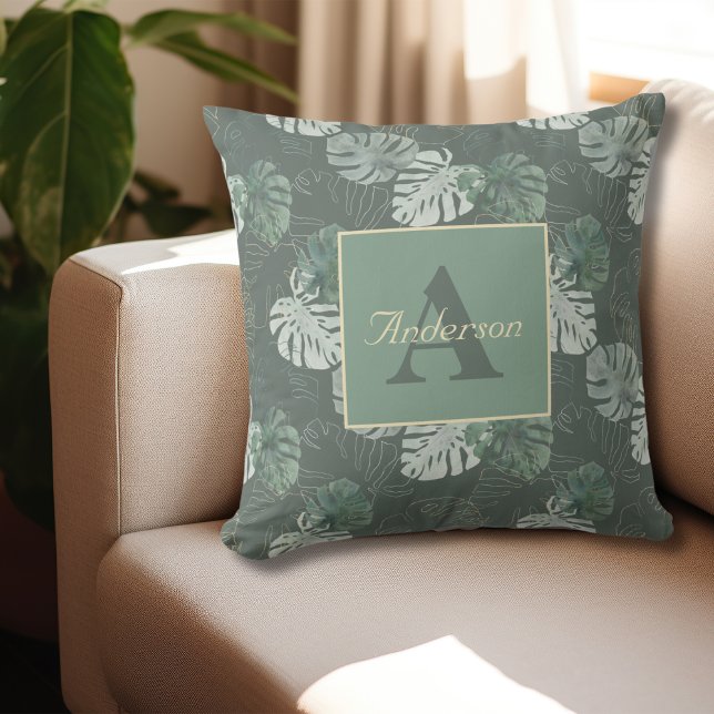 モノグラム夏のトロピカルパ葉ームの水色 アウトドアクッション (Monogram Initial and Name Summer Tropical Palm Leaves Watercolor Outdoor Pillow )