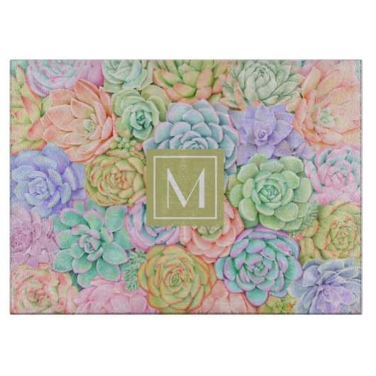 モノグラム多肉水彩カラフル可愛 カッティングボード (正面)