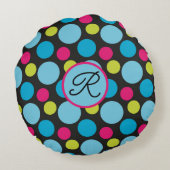 モノグラム大きなドットカラフルパターン、ホットピンク、青 ラウンドクッション (裏面)