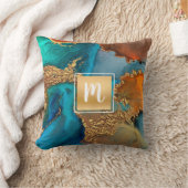 モノグラム大理石水カラー金ゴールドターコイズオレンジ クッション (ブランケット)