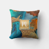 モノグラム大理石水カラー金ゴールドターコイズオレンジ クッション (正面)