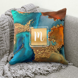 モノグラム大理石水カラー金ゴールドターコイズオレンジ クッション