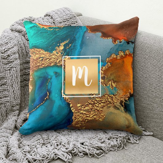 モノグラム大理石水カラー金ゴールドターコイズオレンジ クッション
