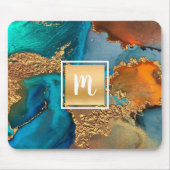 モノグラム大理石水カラー金ゴールドターコイズ&オレンジ マウスパッド (正面)